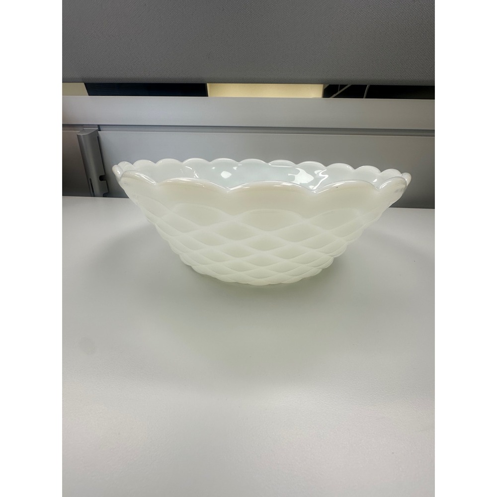 Vintage White Milk Glass Scalloped Quilted Diamond Serving Bowl Sunburst Base